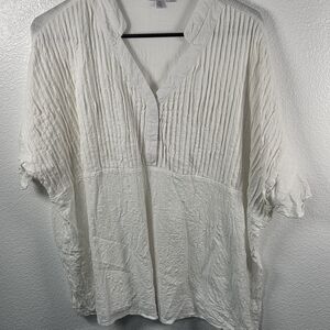 White Birch Textured V-Neck Blouse with Pintuck Detail